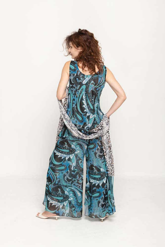 Sleeveless Animal Printed In Blue  Reversible Pant Set For Women