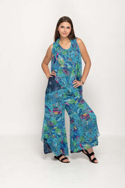 Sleeveless Turquois  Floral Printed Reversible Pant Set For Women