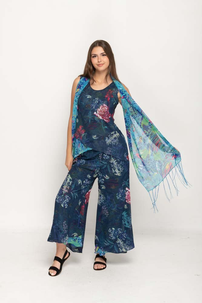 Sleeveless Turquois  Floral Printed Reversible Pant Set For Women