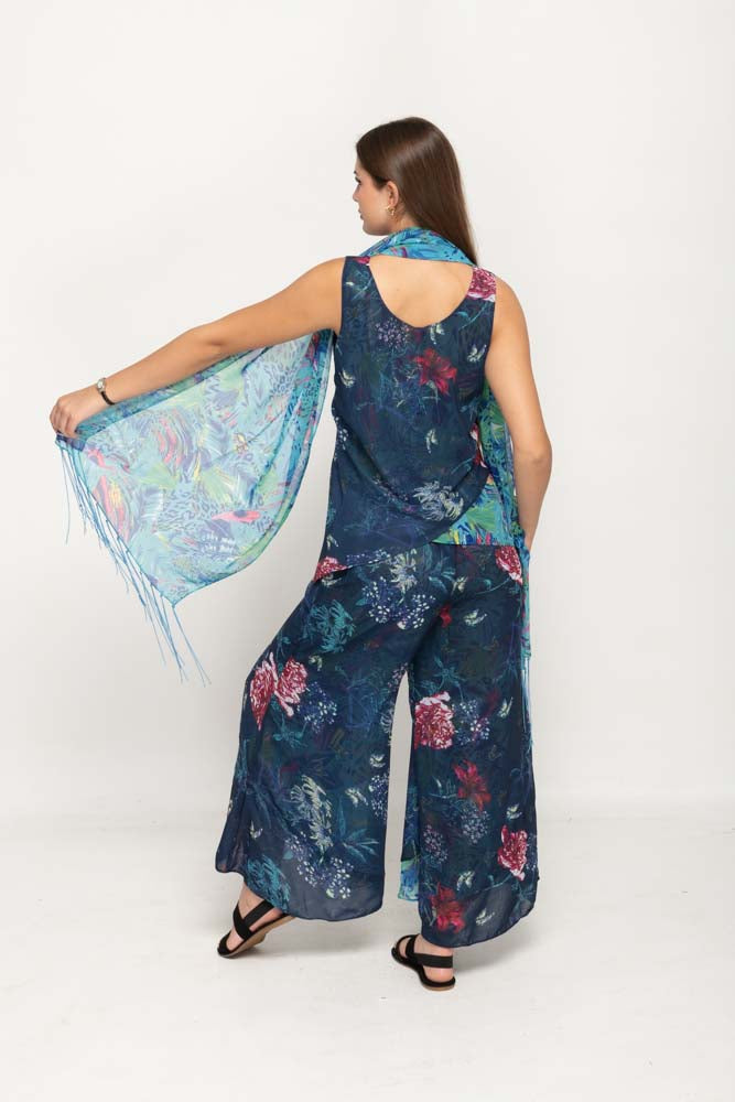 Sleeveless Turquois  Floral Printed Reversible Pant Set For Women