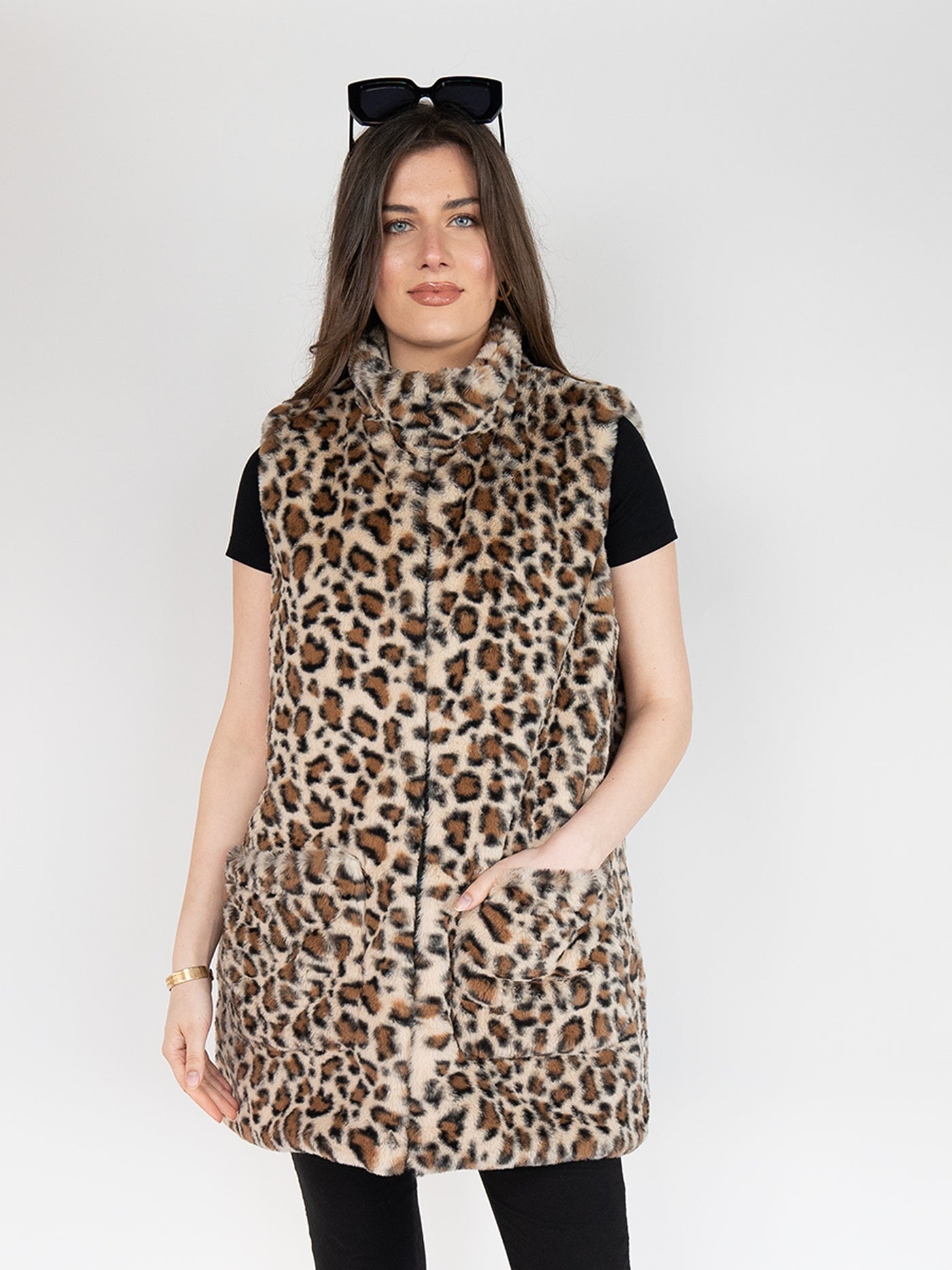 Reversible Faux Fur Long Vest  In  Leopard Print