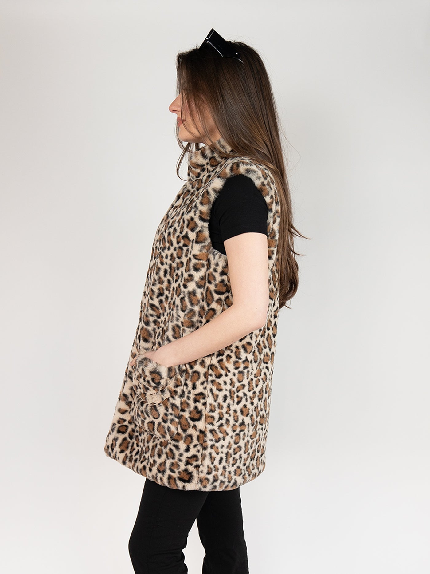 Reversible Faux Fur Long Vest  In  Leopard Print