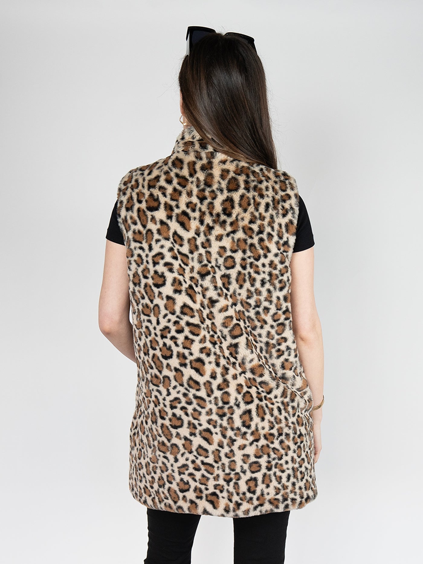 Reversible Faux Fur Long Vest  In  Leopard Print