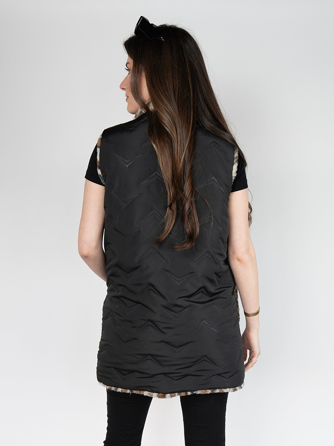 Reversible Faux Fur Long Vest  In  Leopard Print