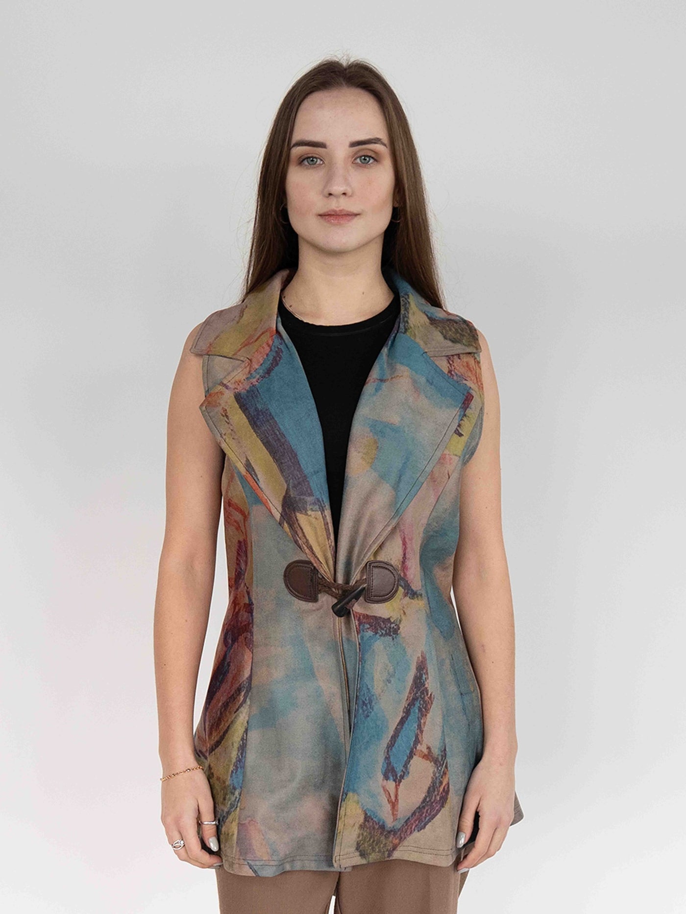 Women's Printed Vest in Multi Colors, Lapel Neck One Button Front Sleeveless Vest  Blazer