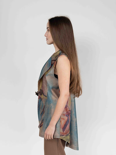 Women's Printed Vest in Multi Colors, Lapel Neck One Button Front Sleeveless Vest  Blazer