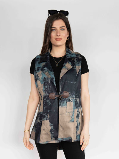 Women's Printed Vest in Blue, Lapel Neck One Button Front Sleeveless Vest  Blazer (Copy)