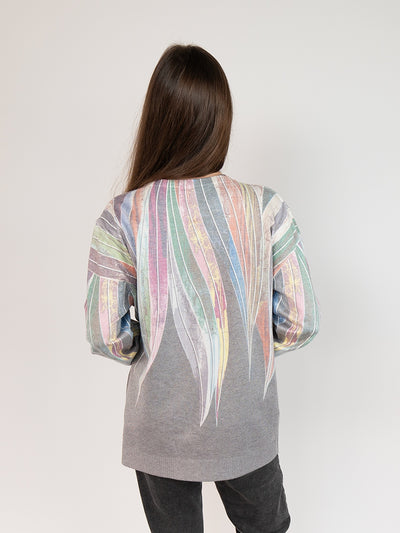 Women  Sweater  in Multi Colors Prints in  Grey , Crew Neck Long Sleeve and Decorated With Hot -Fix Rhinestones