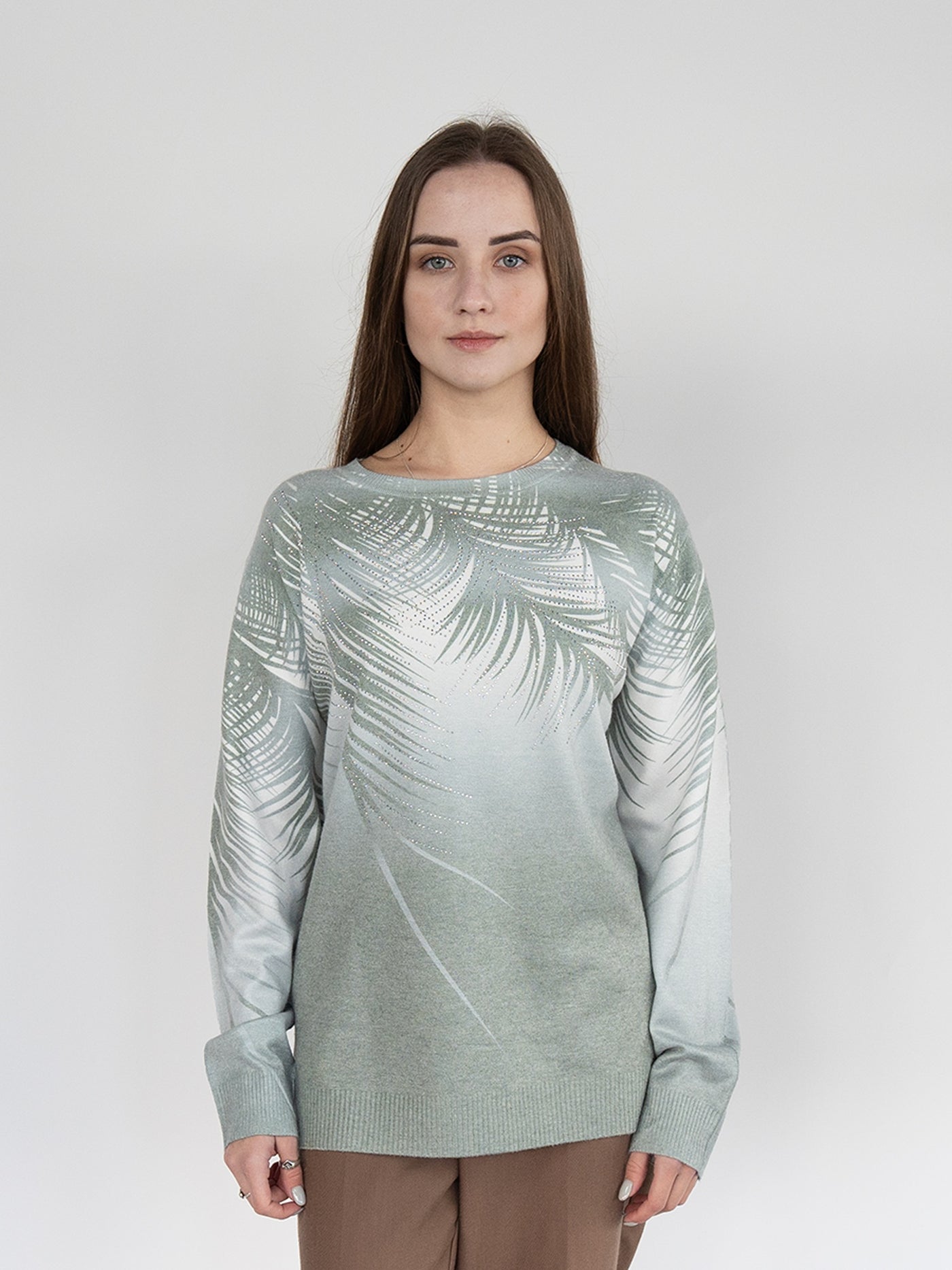 Women  Sweater  in Green Print , Crew Neck Long Sleeve and Decorated With Hot -Fix Rhinestones