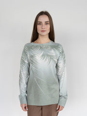 Women  Sweater  in Green Print , Crew Neck Long Sleeve and Decorated With Hot -Fix Rhinestones