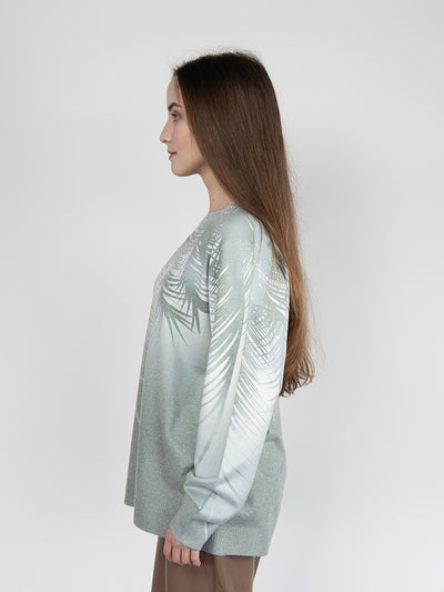 Women  Sweater  in Green Print , Crew Neck Long Sleeve and Decorated With Hot -Fix Rhinestones