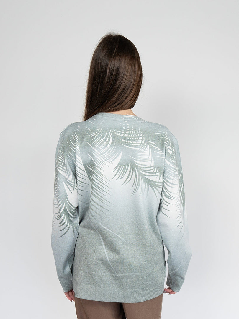 Women  Sweater  in Green Print , Crew Neck Long Sleeve and Decorated With Hot -Fix Rhinestones