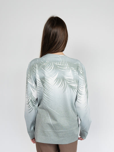 Women  Sweater  in Green Print , Crew Neck Long Sleeve and Decorated With Hot -Fix Rhinestones