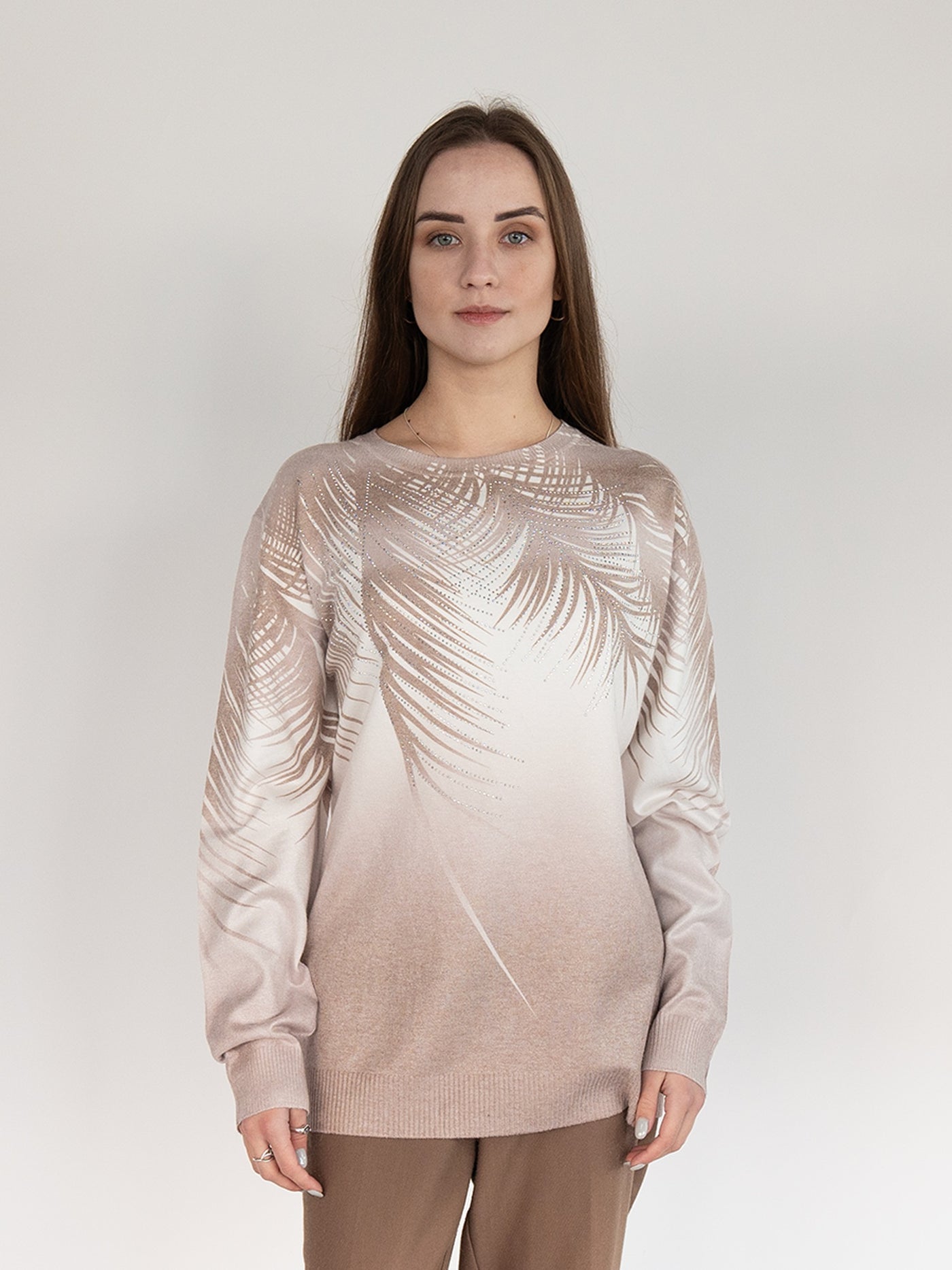 Women  Sweater  in Brown Print , Crew Neck Long Sleeve and Decorated With Hot -Fix Rhinestones (Copy)