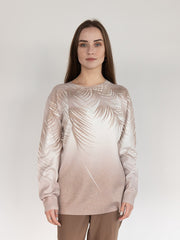 Women  Sweater  in Brown Print , Crew Neck Long Sleeve and Decorated With Hot -Fix Rhinestones (Copy)