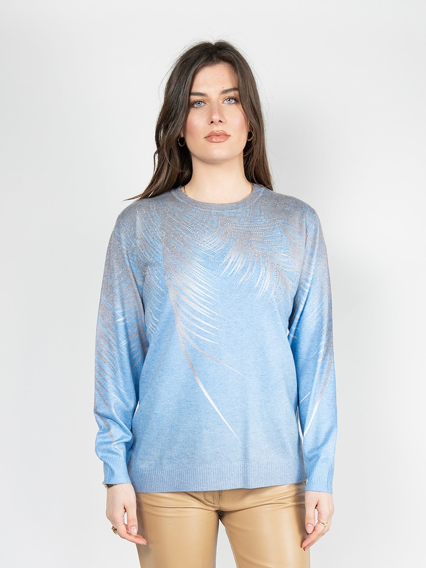 Women  Sweater  in Blue Print , Crew Neck Long Sleeve and Decorated With Hot -Fix Rhinestones (Copy) (Copy)
