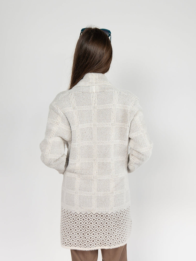 Women 's Sweater  Cardigan in Beige with Plaid Print , Open Front