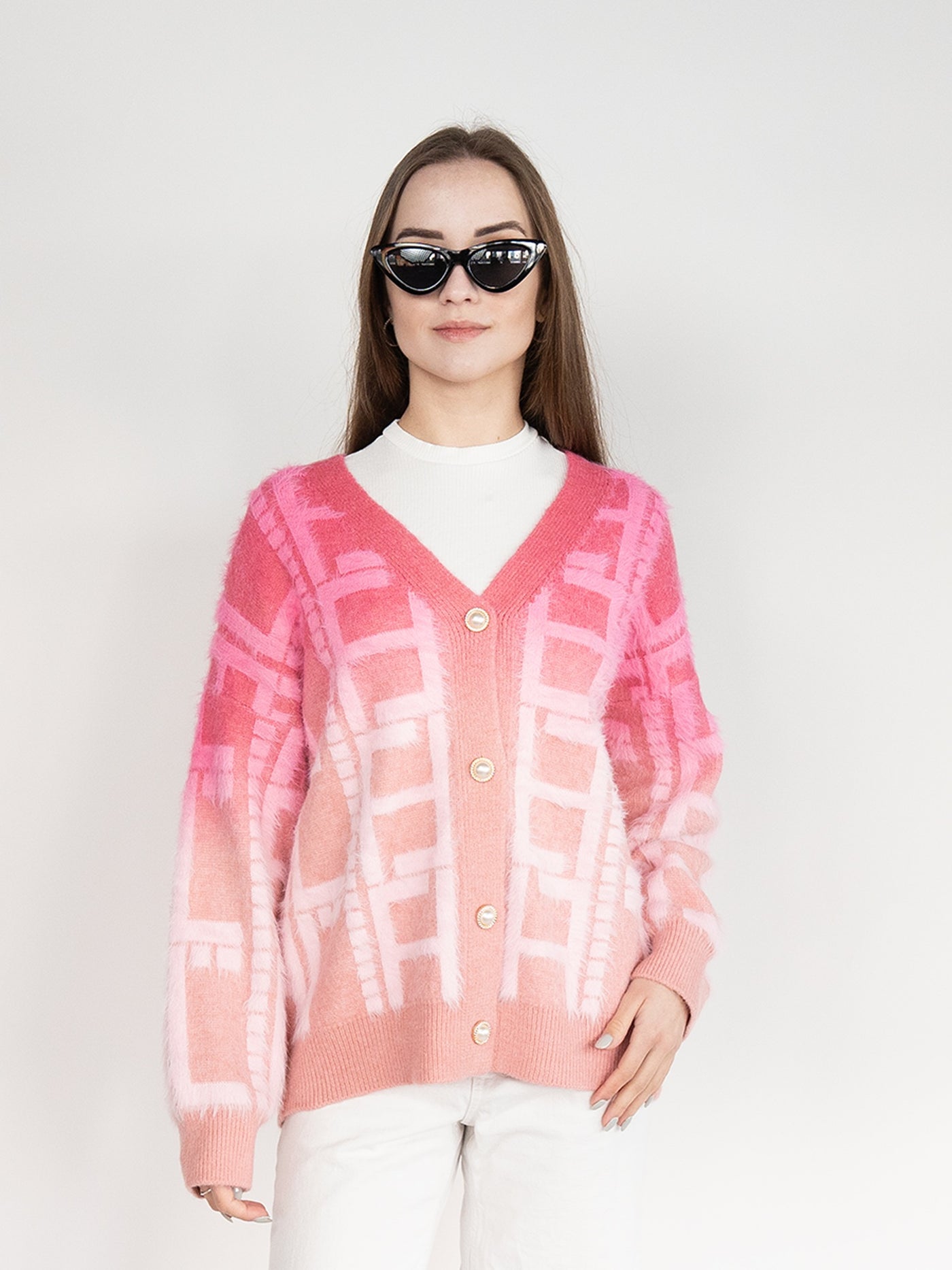 Women Cardigan Sweater in Pink Plaid Print