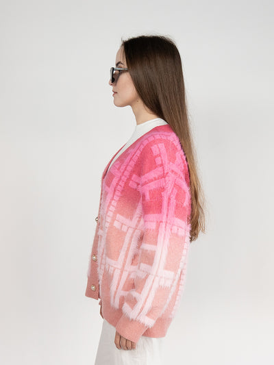 Women Cardigan Sweater in Pink Plaid Print