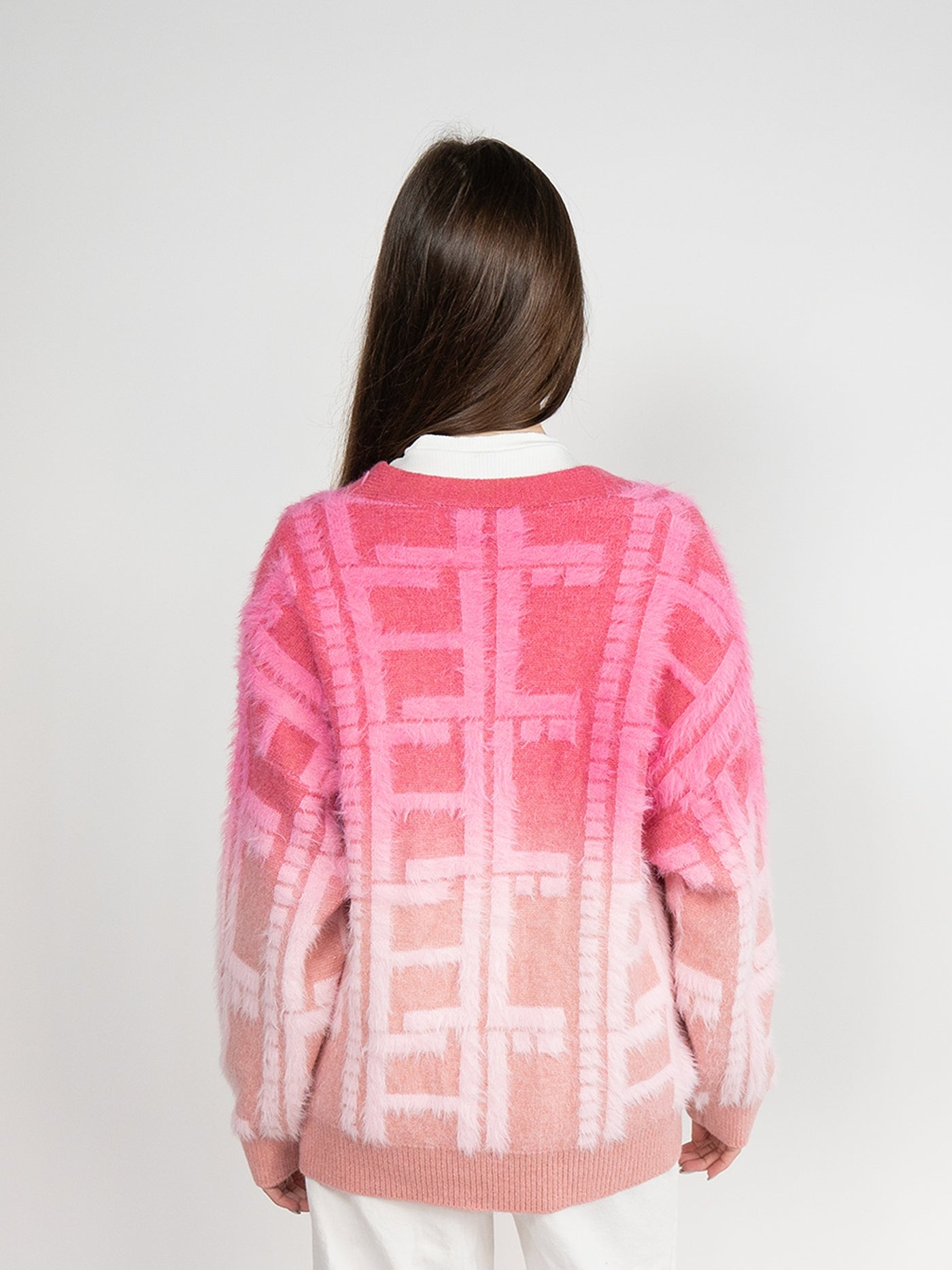 Women Cardigan Sweater in Pink Plaid Print