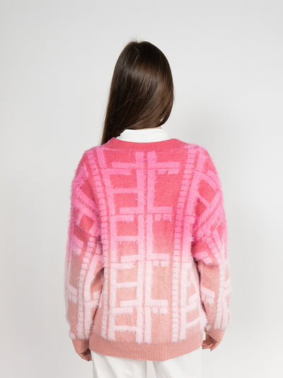 Women Cardigan Sweater in Pink Plaid Print