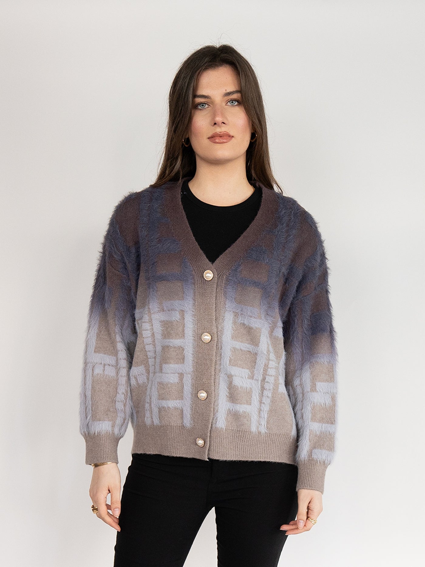 Women Cardigan Sweater in Navy Blue Plaid Print