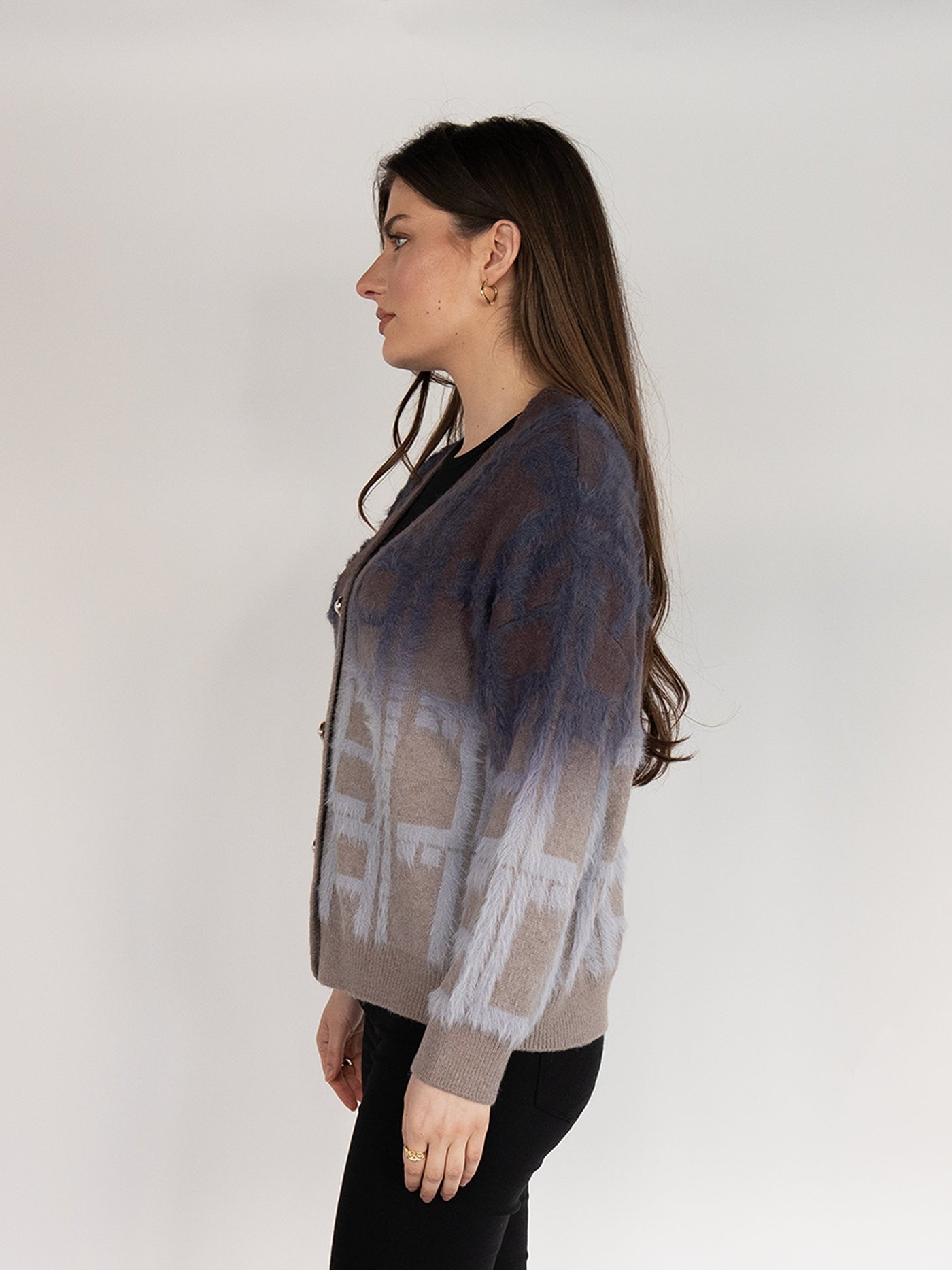 Women Cardigan Sweater in Navy Blue Plaid Print