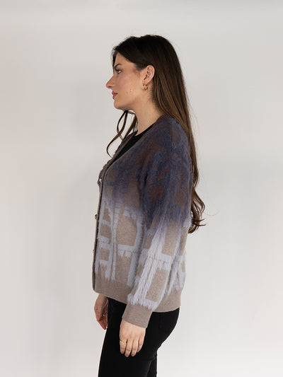 Women Cardigan Sweater in Navy Blue Plaid Print