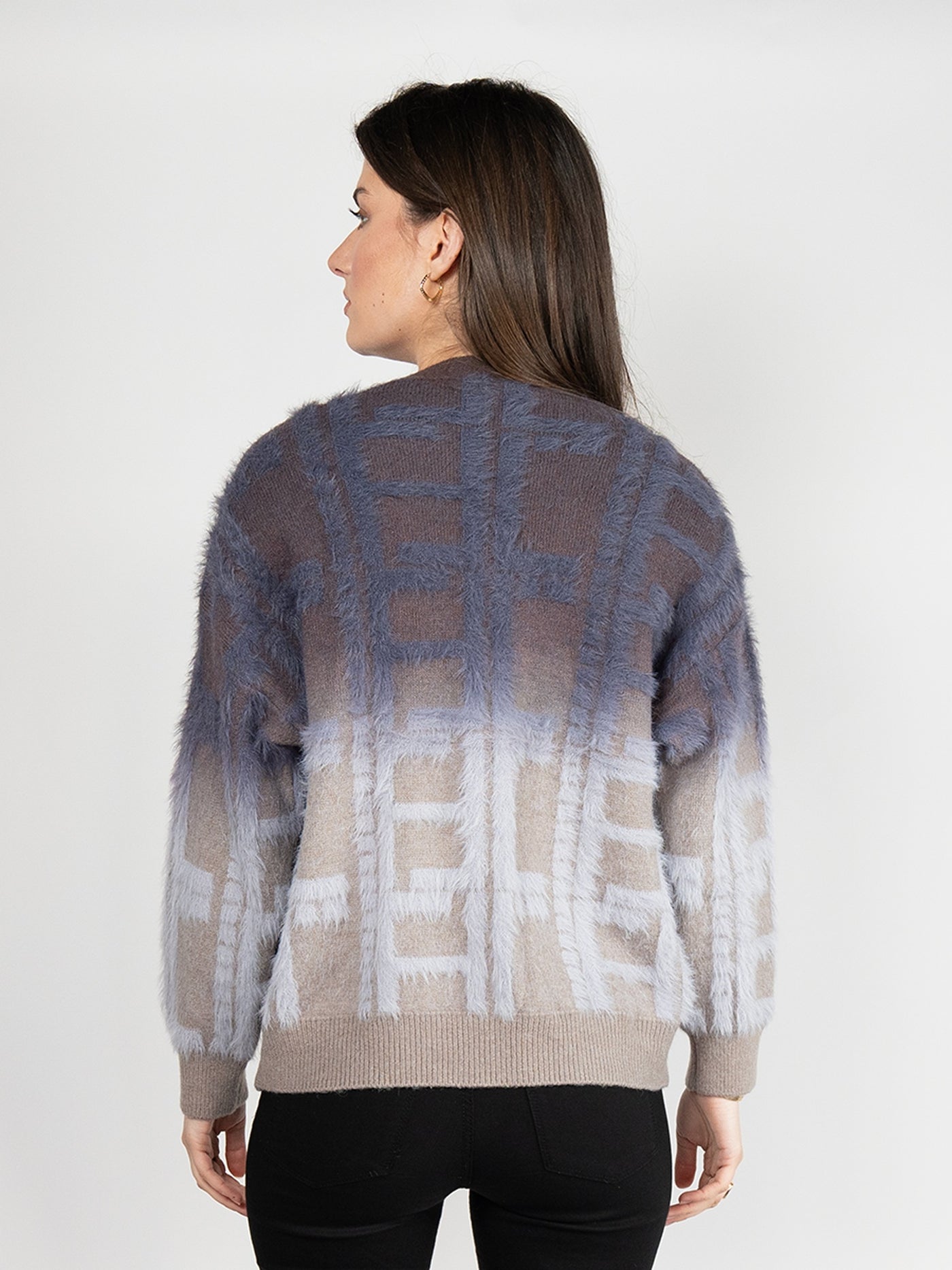 Women Cardigan Sweater in Navy Blue Plaid Print