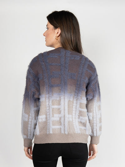 Women Cardigan Sweater in Navy Blue Plaid Print