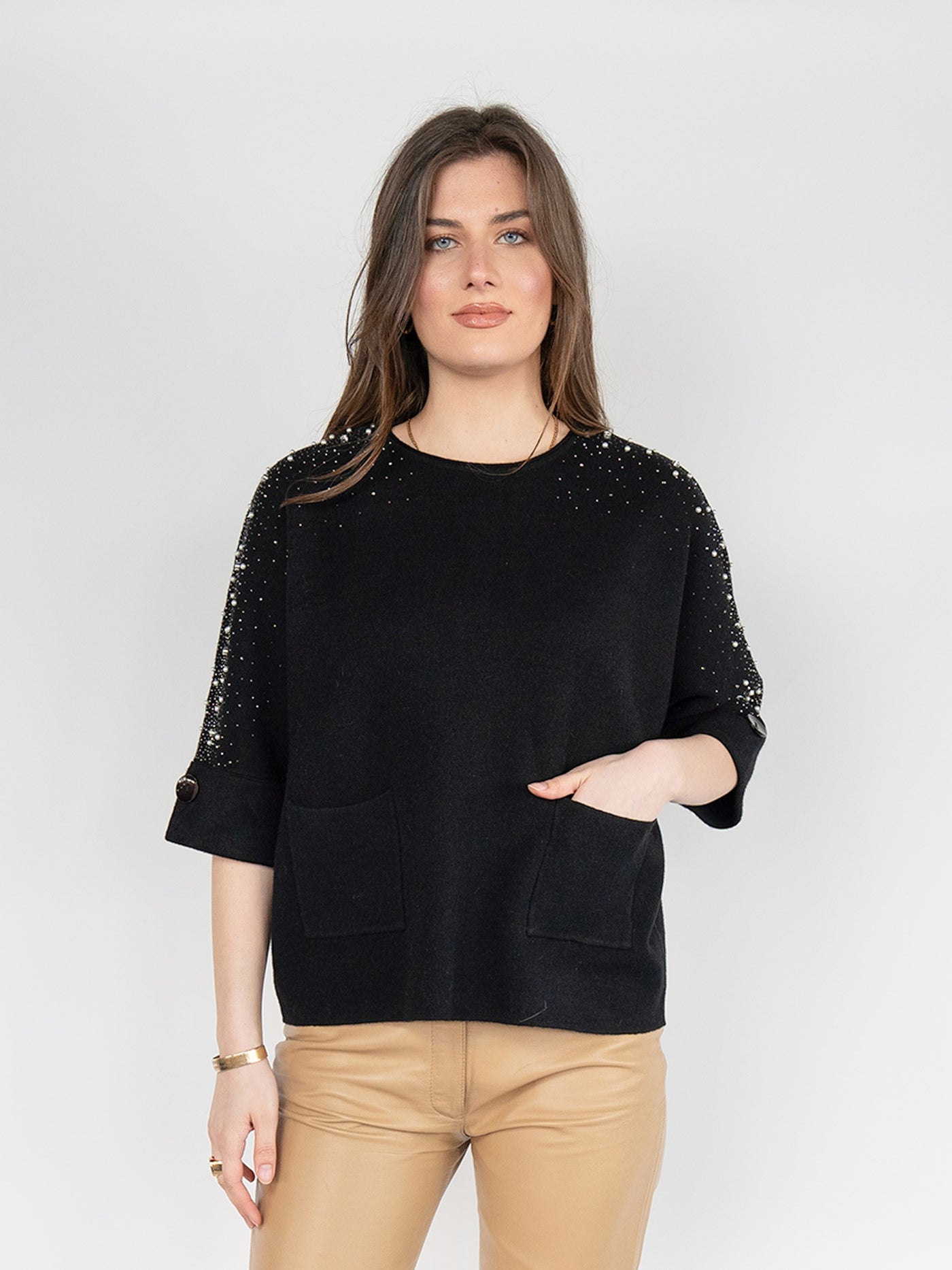 Women  Sweater in Black , 3/4 Sleeves with Sparking Rhinestones and Pears