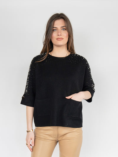 Women  Sweater in Black , 3/4 Sleeves with Sparking Rhinestones and Pears