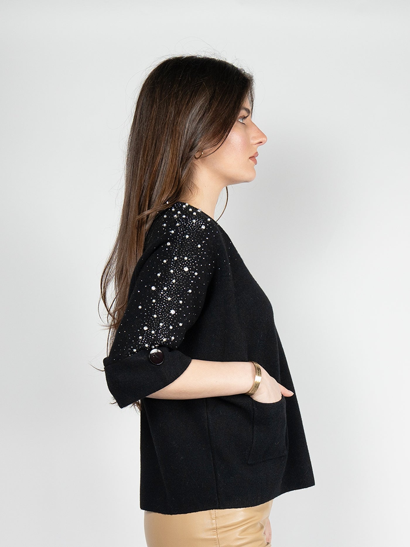 Women  Sweater in Black , 3/4 Sleeves with Sparking Rhinestones and Pears