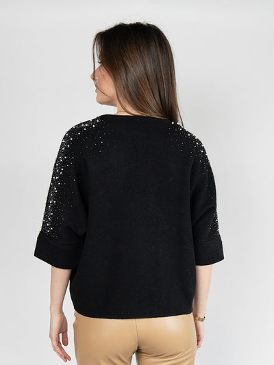 Women  Sweater in Black , 3/4 Sleeves with Sparking Rhinestones and Pears