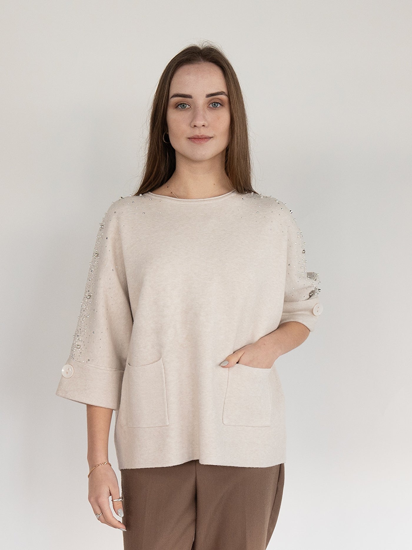 Women  Sweater in Cream , 3/4 Sleeves with Sparking Rhinestones and Pears