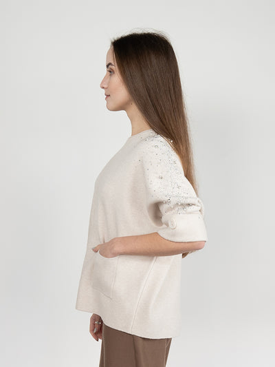Women  Sweater in Cream , 3/4 Sleeves with Sparking Rhinestones and Pears