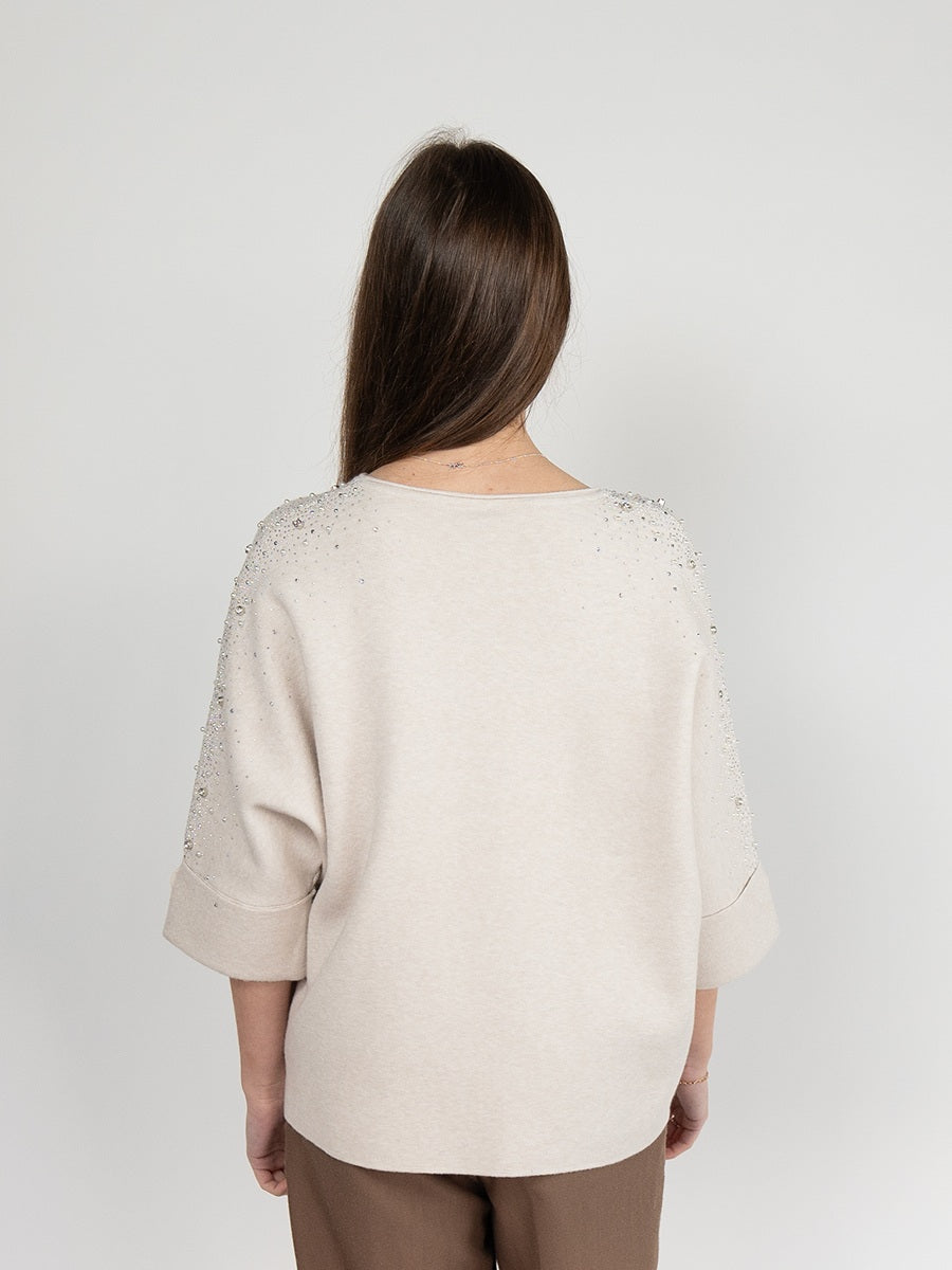 Women  Sweater in Cream , 3/4 Sleeves with Sparking Rhinestones and Pears