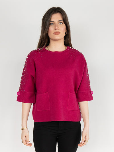 Women  Sweater in Pink , 3/4 Sleeves with Sparking Rhinestones and Pears