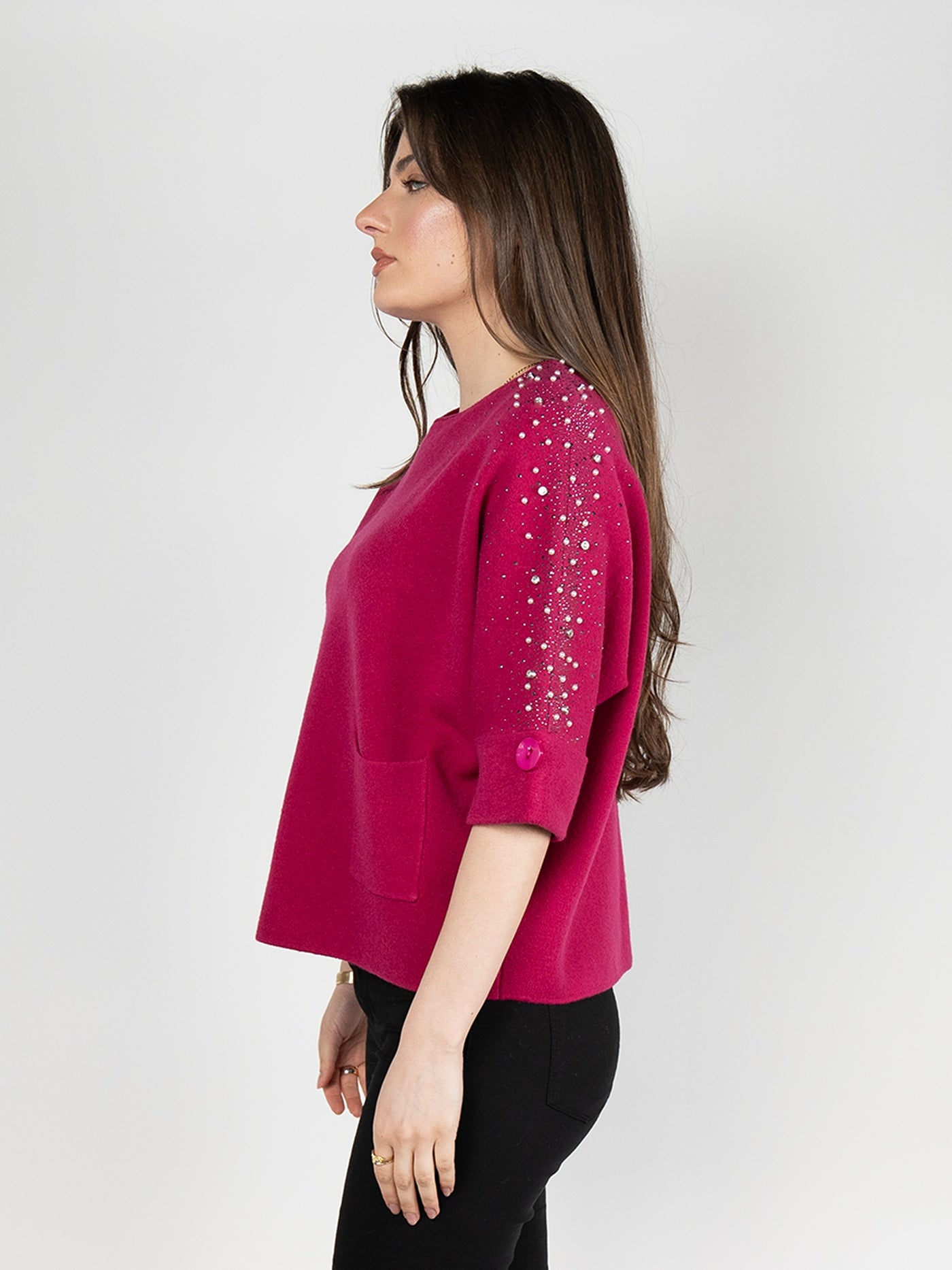 Women  Sweater in Pink , 3/4 Sleeves with Sparking Rhinestones and Pears