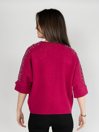 Women  Sweater in Pink , 3/4 Sleeves with Sparking Rhinestones and Pears