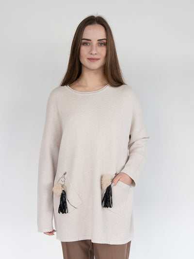 Women Sweater in Cream, Crew Neck , Patch Pockets with  Plush Pendant