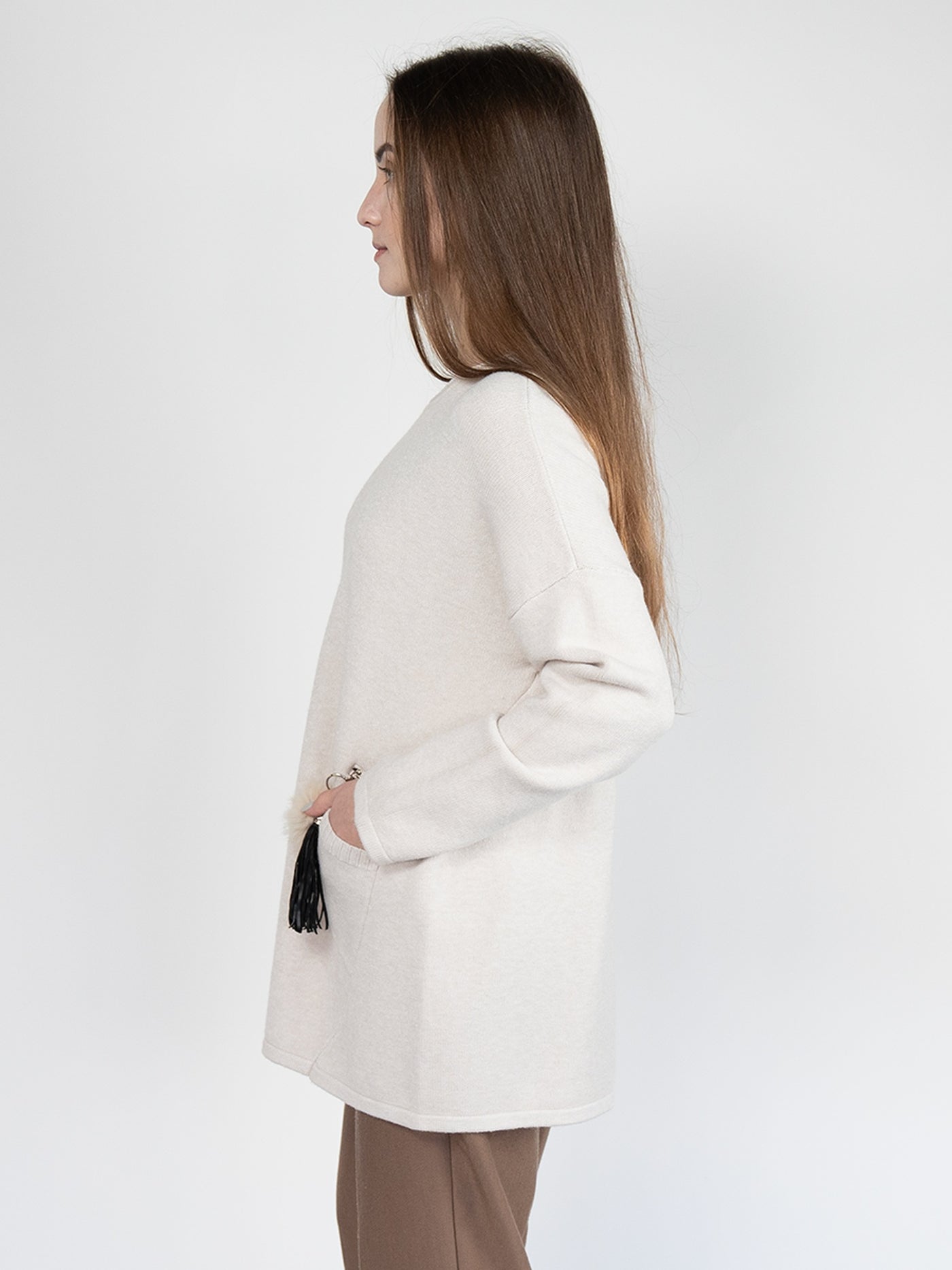 Women Sweater in Cream, Crew Neck , Patch Pockets with  Plush Pendant