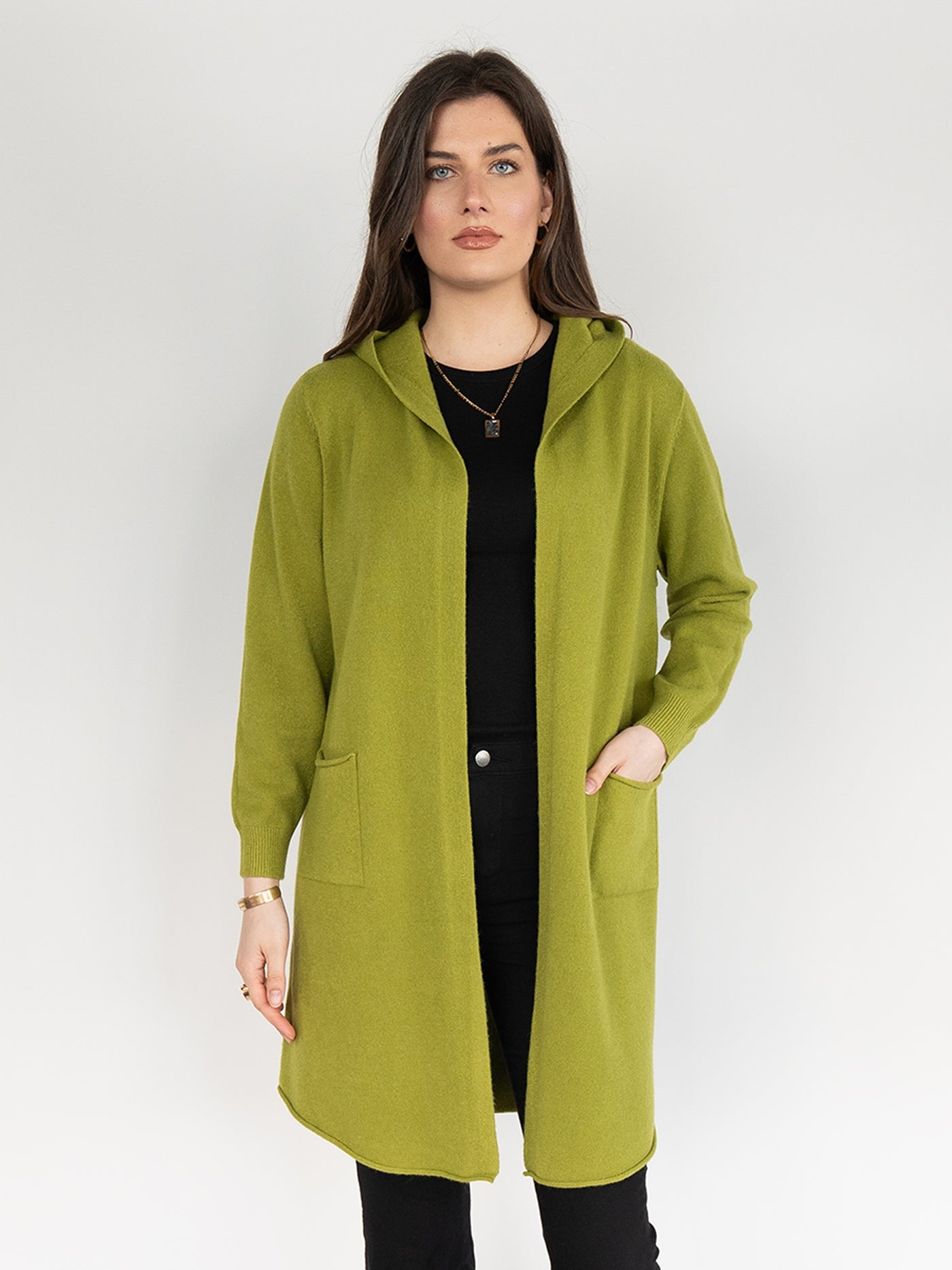 Women  Knitted Hoodie Cardigan  in Lime Green ,Open Front with Back Details