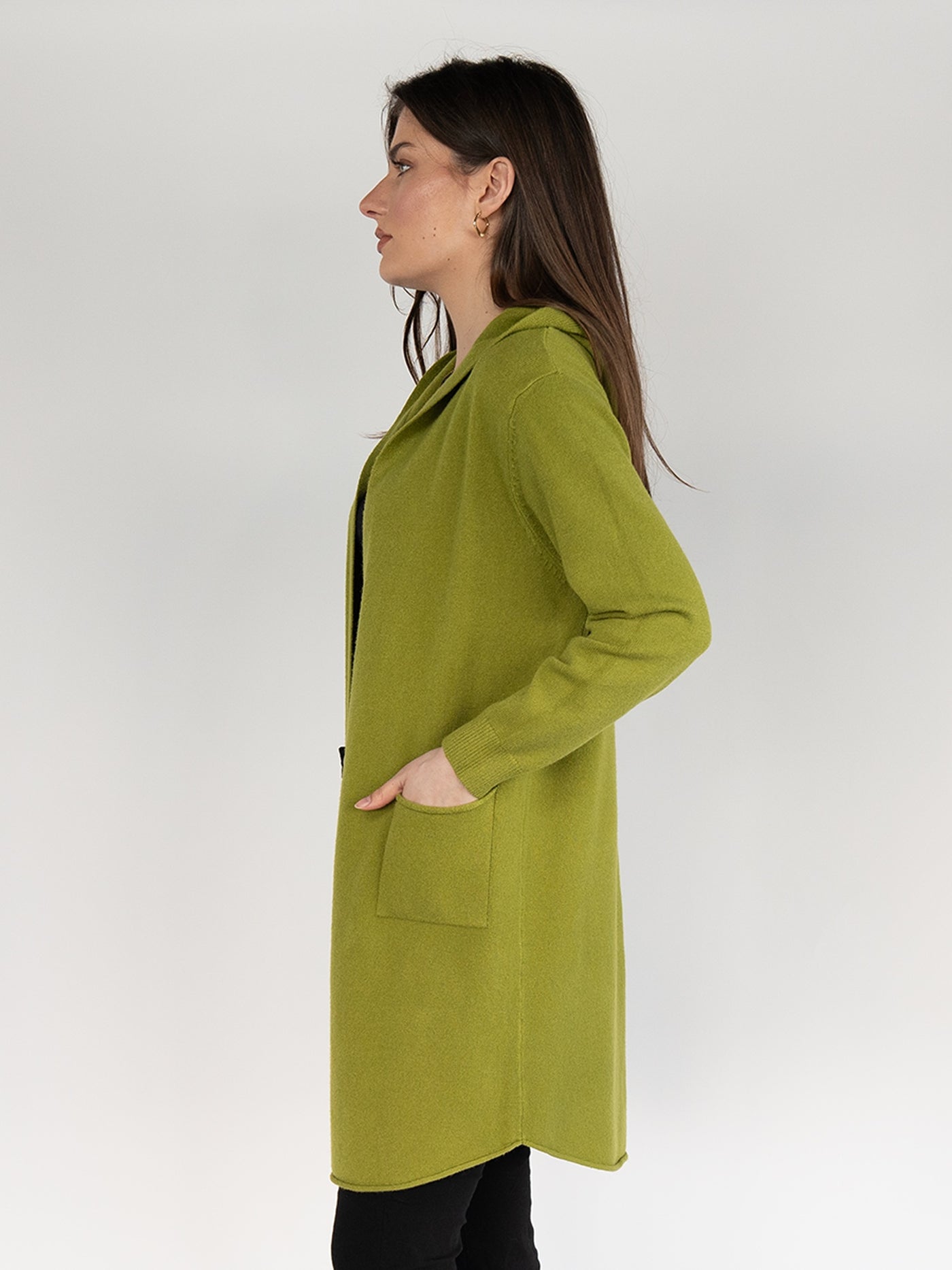 Women  Knitted Hoodie Cardigan  in Lime Green ,Open Front with Back Details