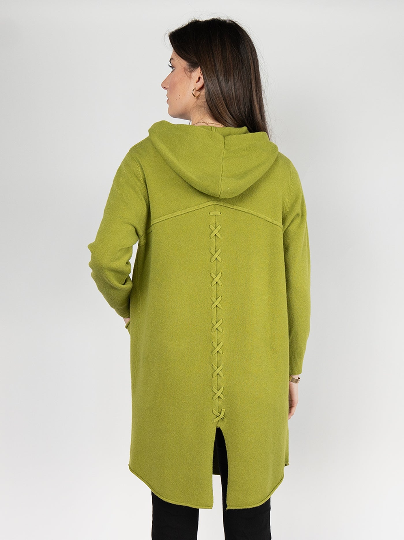 Women  Knitted Hoodie Cardigan  in Lime Green ,Open Front with Back Details