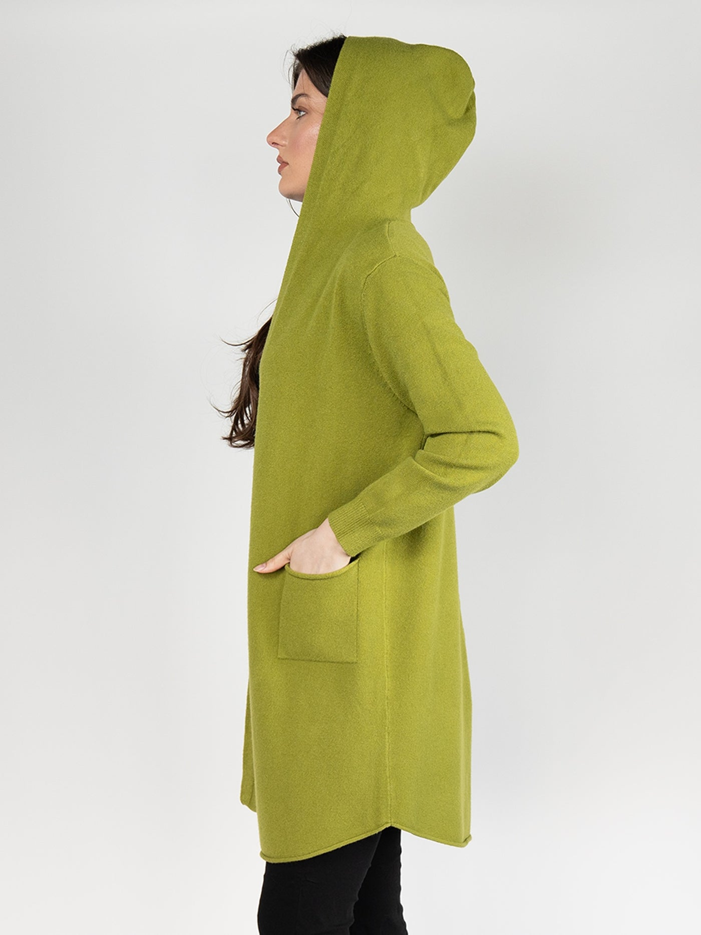 Women  Knitted Hoodie Cardigan  in Lime Green ,Open Front with Back Details