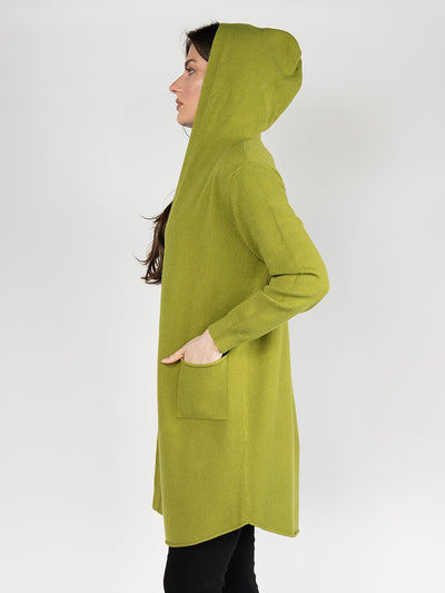 Women  Knitted Hoodie Cardigan  in Lime Green ,Open Front with Back Details