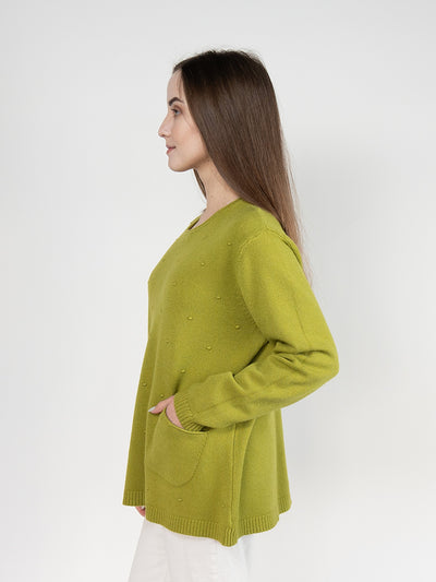 Women  Sweater  in Lime Green , Crew Neck with Back Details