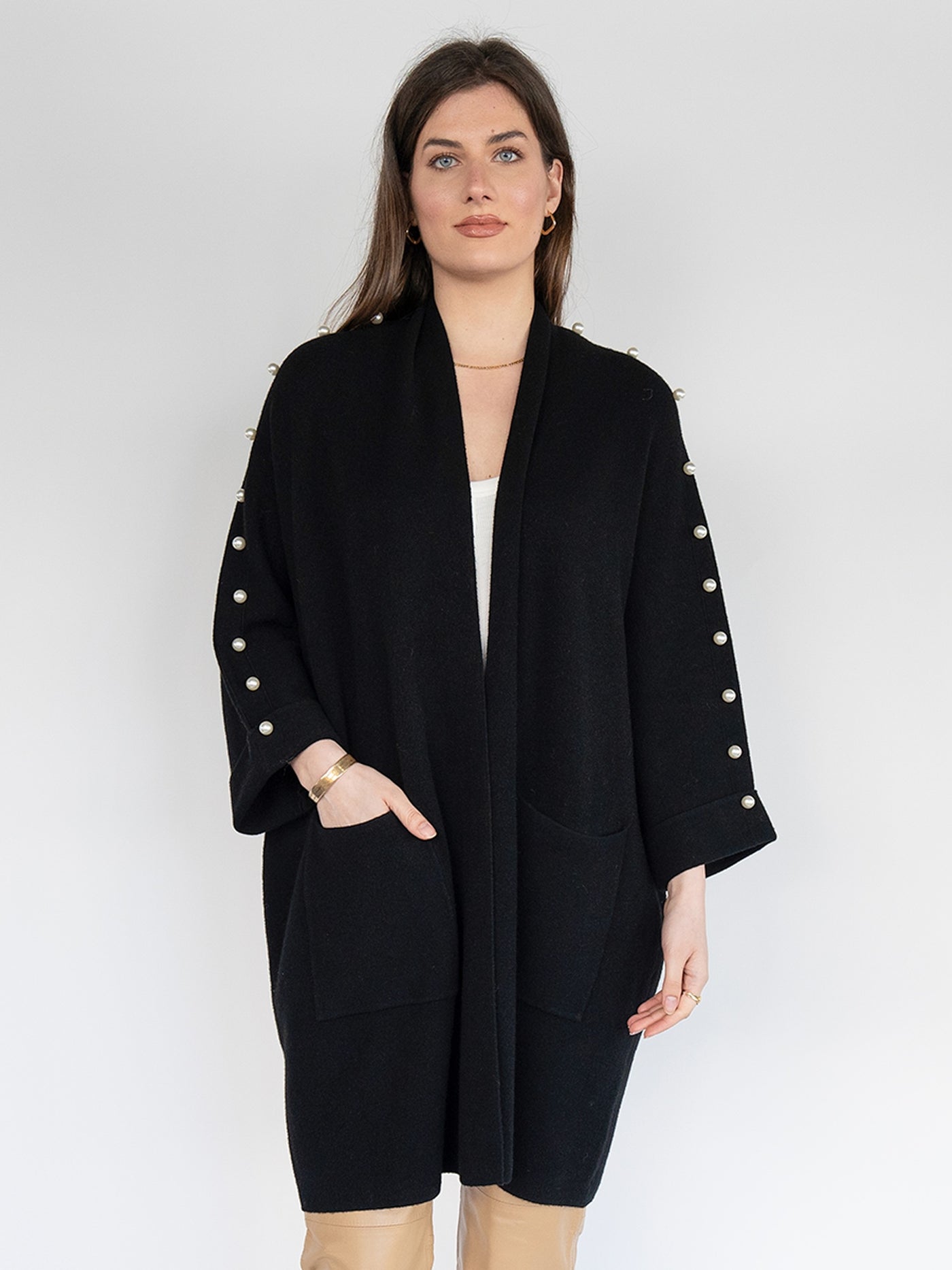 Poncho Cardigan in Black with Beads on the Sleeves