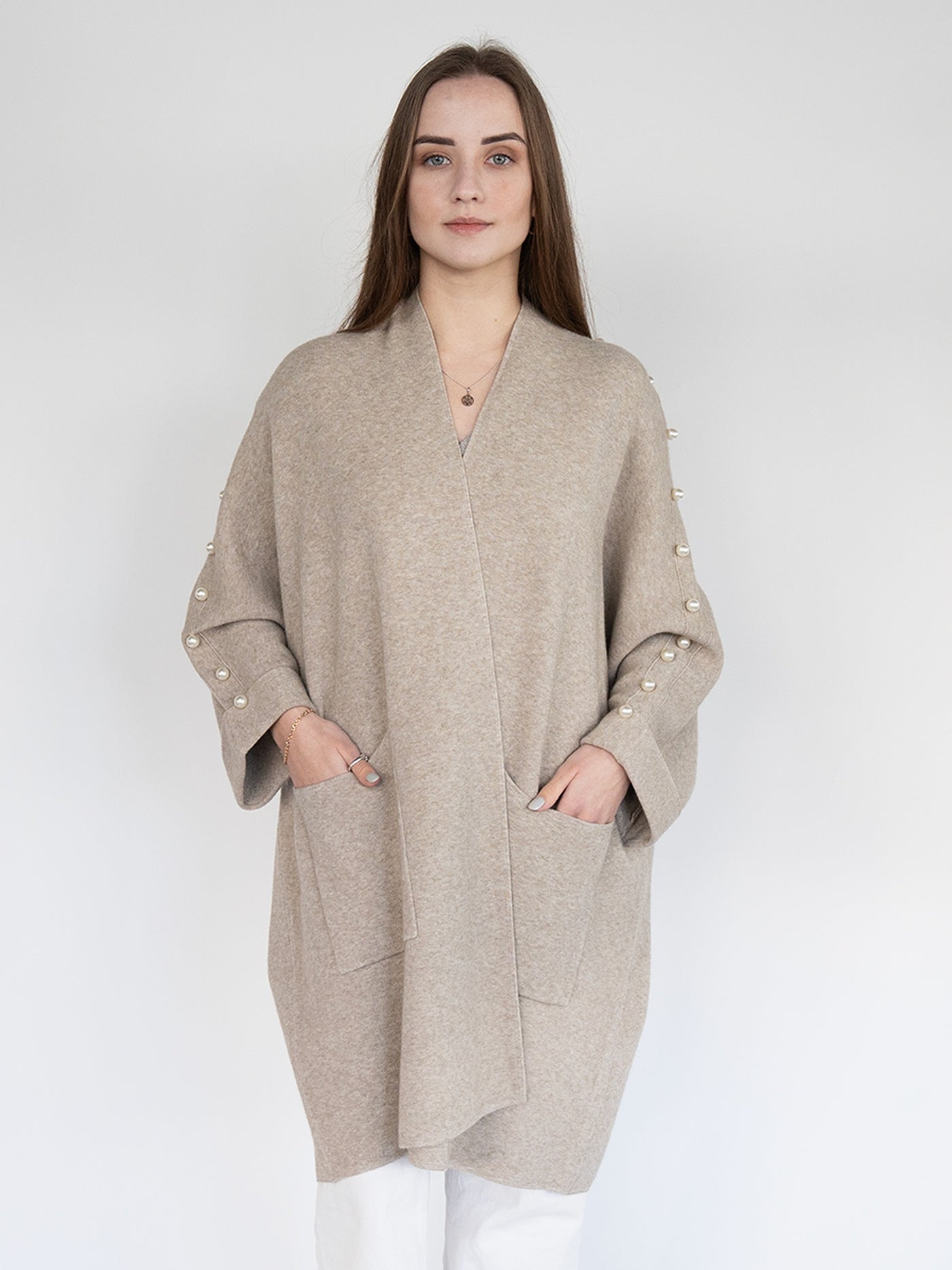 Poncho Cardigan in Fawn with Beads on the Sleeves